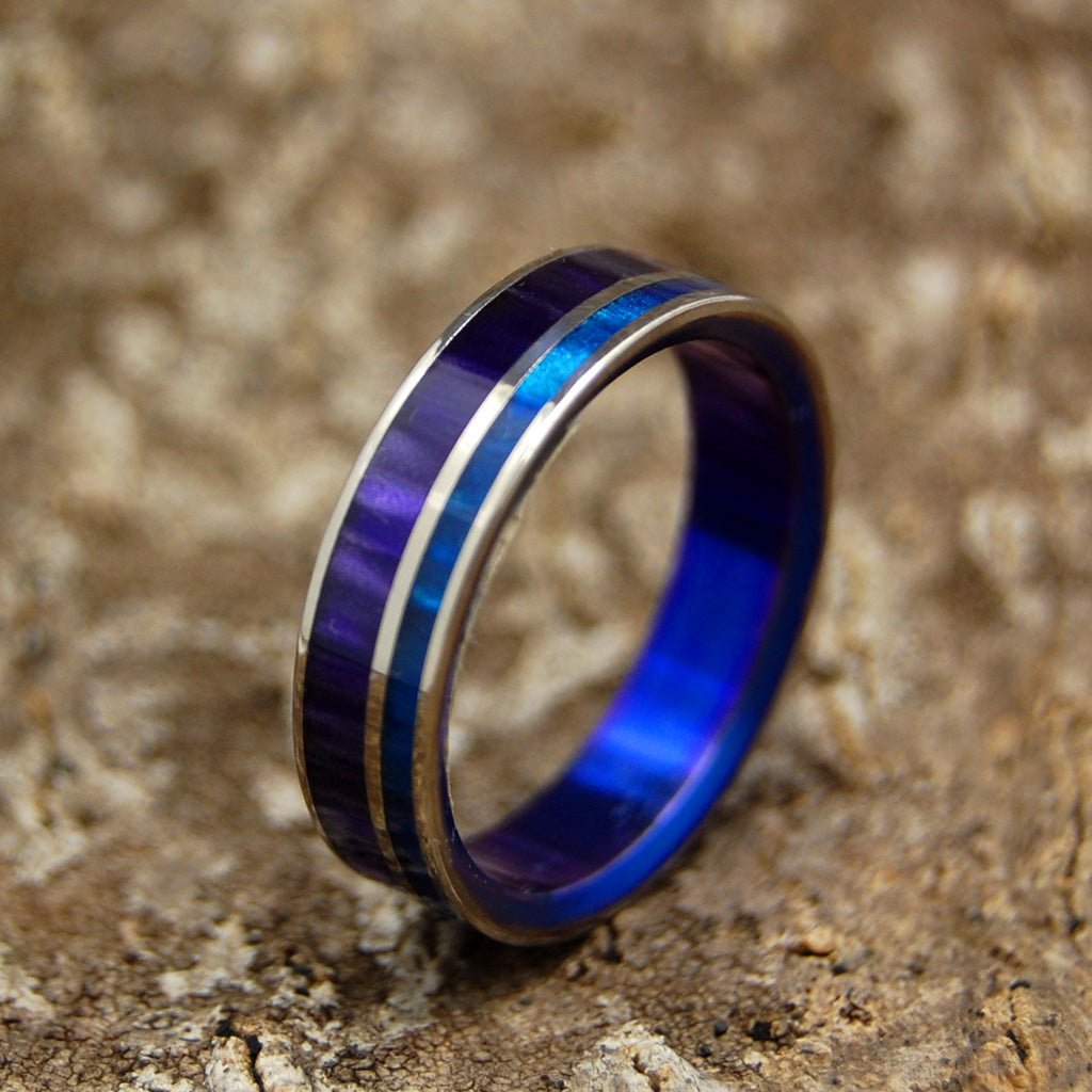 Titanium ring, plum crazy purple, centered pinstripe, Handmade titanium wedding band, purple hot wedding band