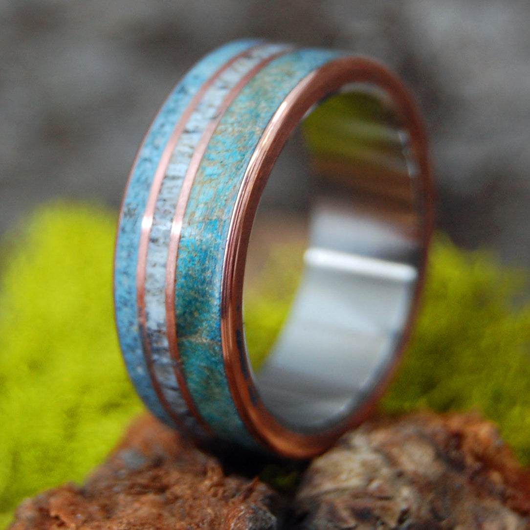 GOD LOVES THE CARIBOU OF LAKE SUPERIOR | Caribou Antler, Lake Superior  Beach Sand, Copper, Blue Maple Wood - Titanium Wedding Ring Set