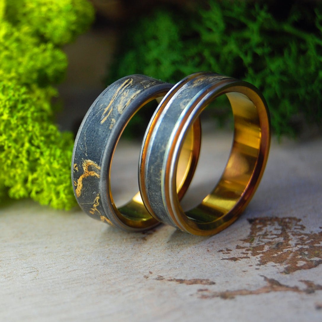 BLACK BOX ELDER WOOD Wedding Rings - How Earthy Materials Like Sand, Dirt and Rocks Can Symbolize Your Unique Love Story - Minter and Richter Designs