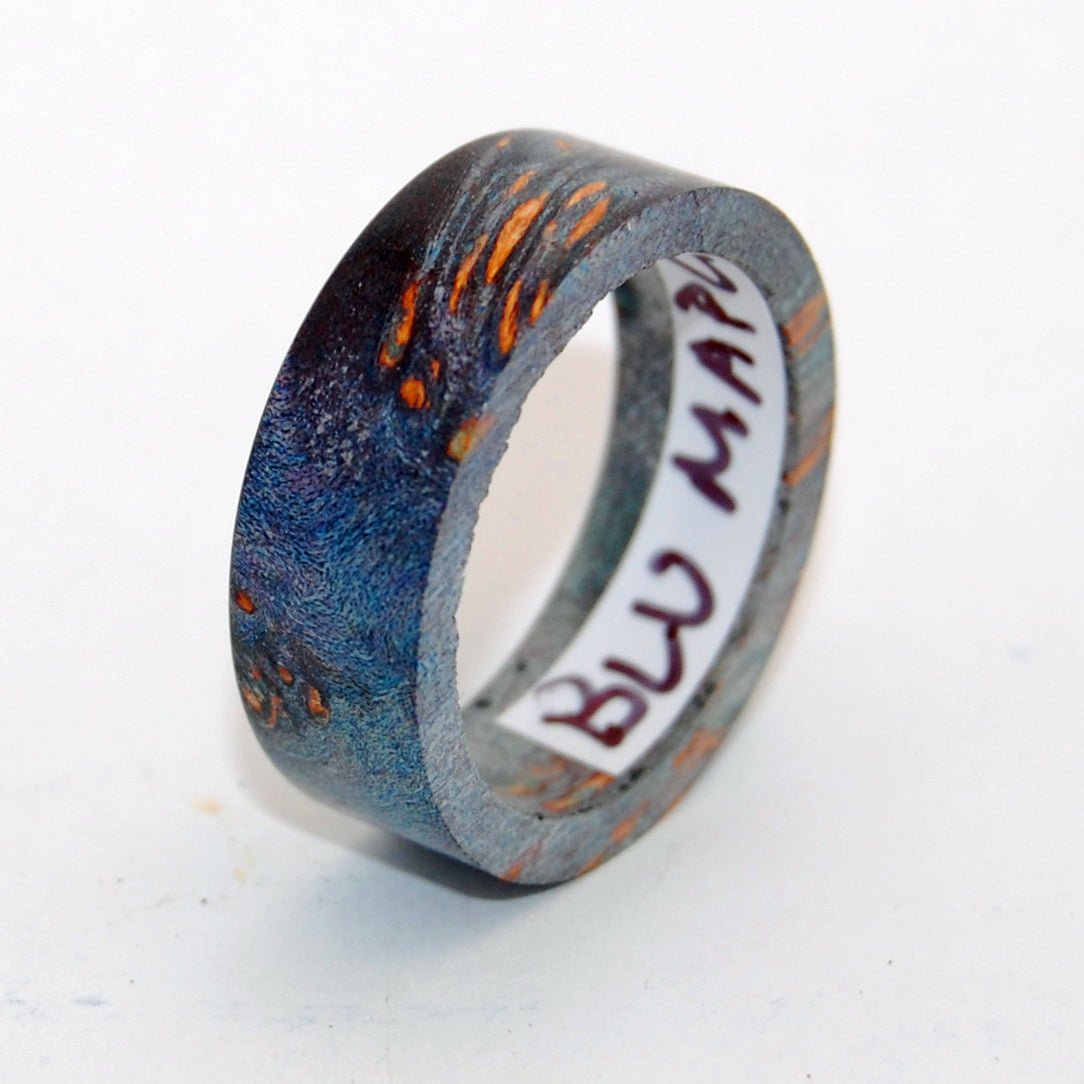 BLUE MAPLE WOOD Wedding Rings - How Earthy Materials Like Wood, Sand, Dirt and Rocks Can Symbolize Your Unique Love Story - Minter and Richter Designs