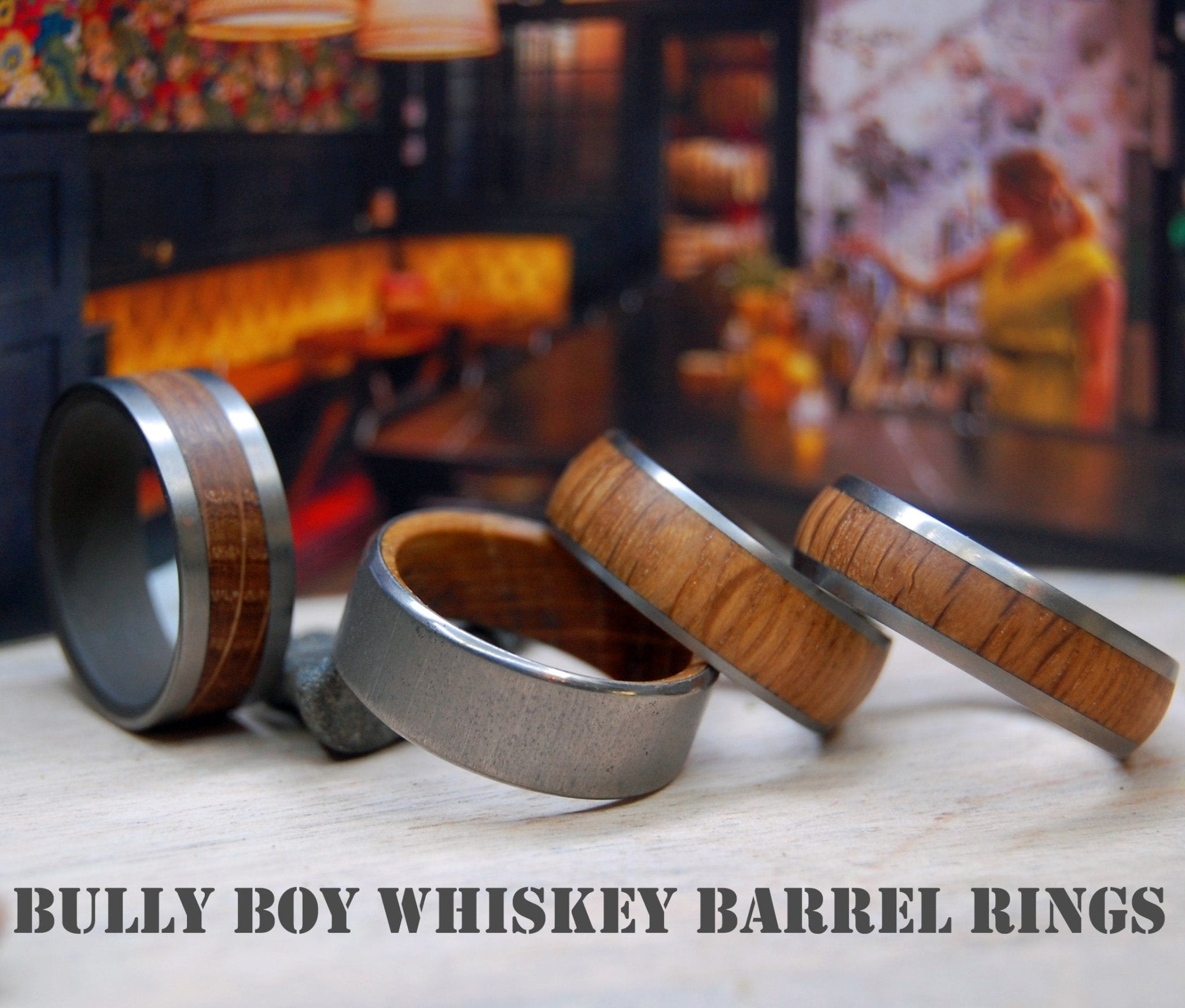 WHISKEY BARREL WOOD Wedding Rings - How Earthy Materials Like Wood, Sand, Dirt and Rocks Can Symbolize Your Unique Love Story - Minter and Richter Designs