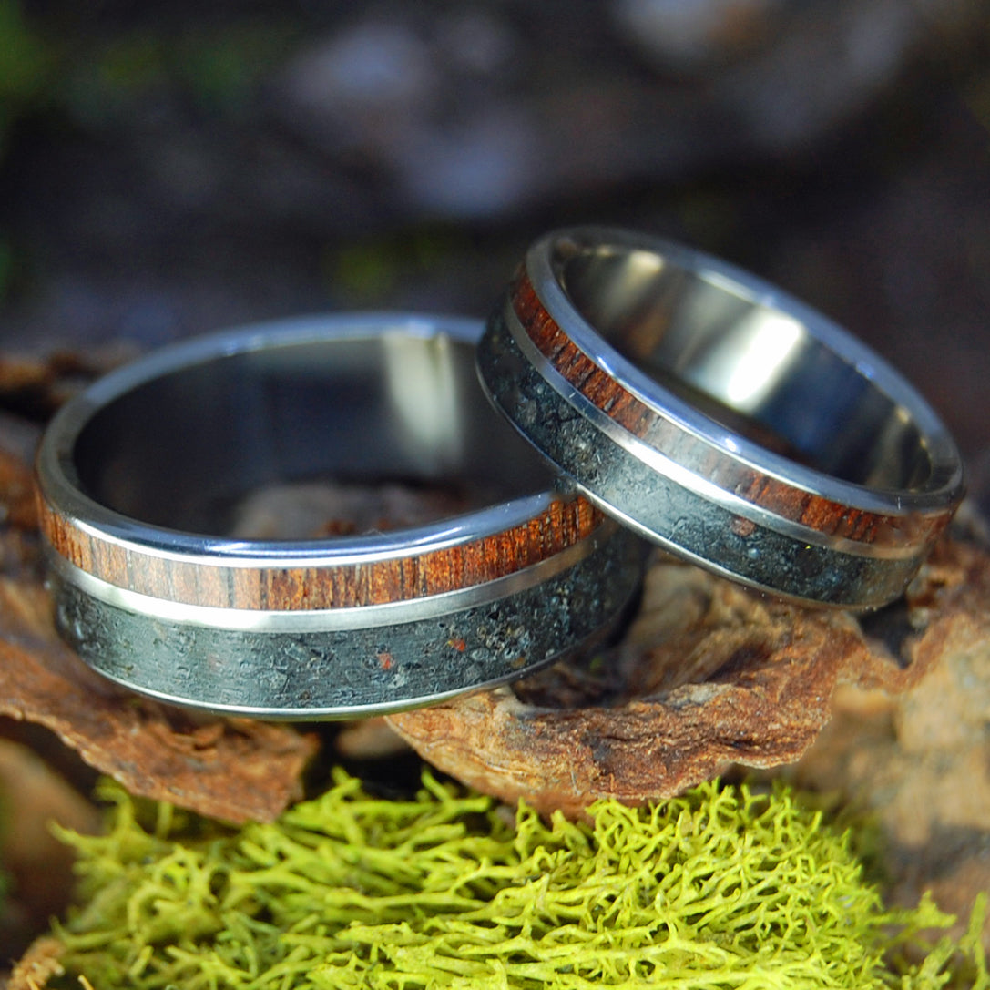 ALASKAN HEART SET |  Alaskan Lava & Koa Wood - Titanium Wedding Rings