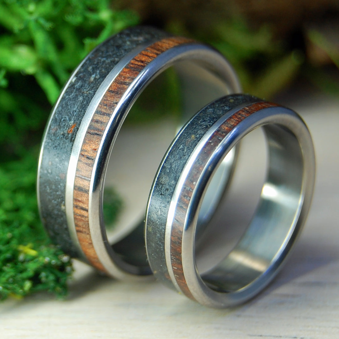 ALASKAN HEART SET |  Alaskan Lava & Koa Wood - Titanium Wedding Rings