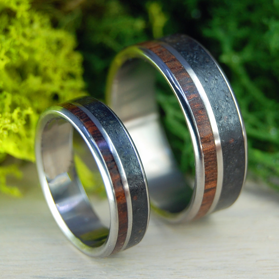 ALASKAN HEART SET |  Alaskan Lava & Koa Wood - Titanium Wedding Rings