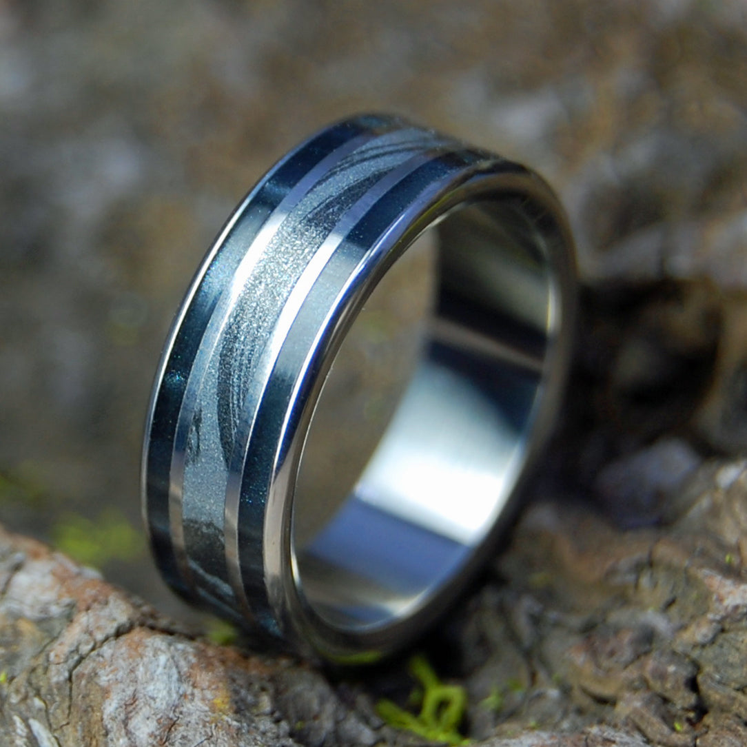 OUR MOON | Black & Silver Mokume Gane and Black Marbled Opalescent - Titanium Wedding Ring - Minter and Richter Designs