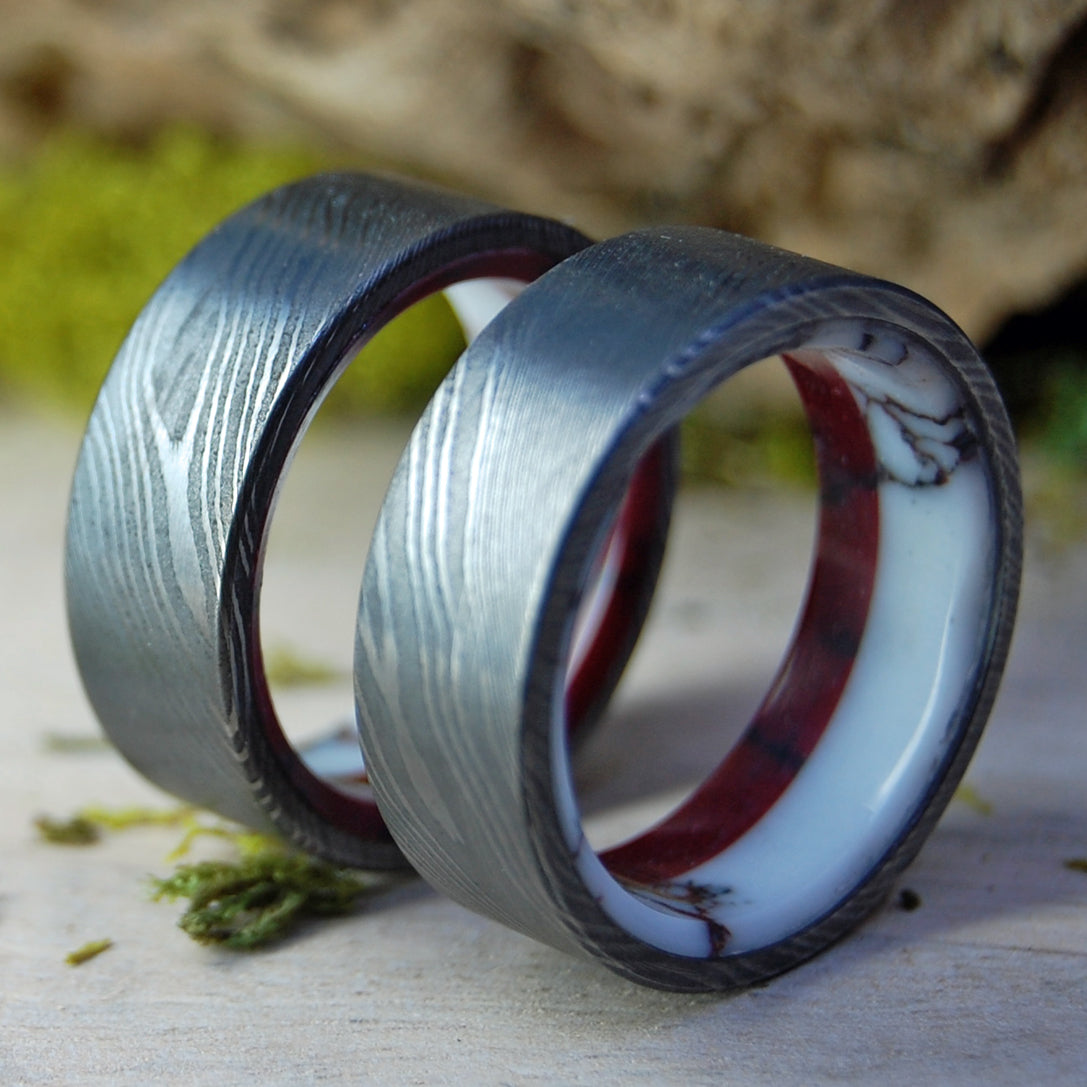 DOUBLE STONE DAMASCUS | Damascus Steel with Wild Horse Jasper and Bloody Basin Jasper - Unique Rings - Minter and Richter Designs