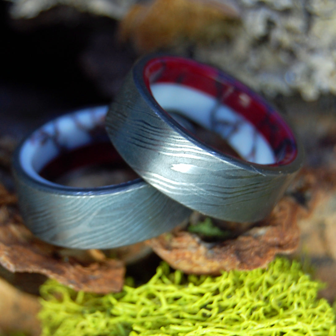 DOUBLE STONE DAMASCUS | Damascus Steel with Wild Horse Jasper and Bloody Basin Jasper - Unique Rings - Minter and Richter Designs