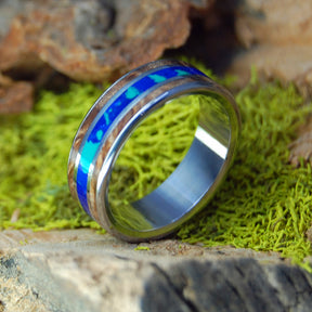 DARK MAPLE GALAXY CENTERED | Dark Maple Wood & Azurite Malachite Stone Titanium Wedding Rings