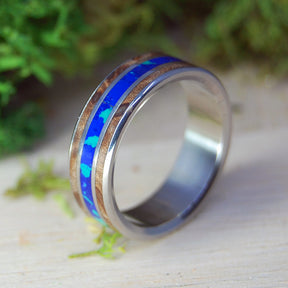 DARK MAPLE GALAXY CENTERED | Dark Maple Wood & Azurite Malachite Stone Titanium Wedding Rings