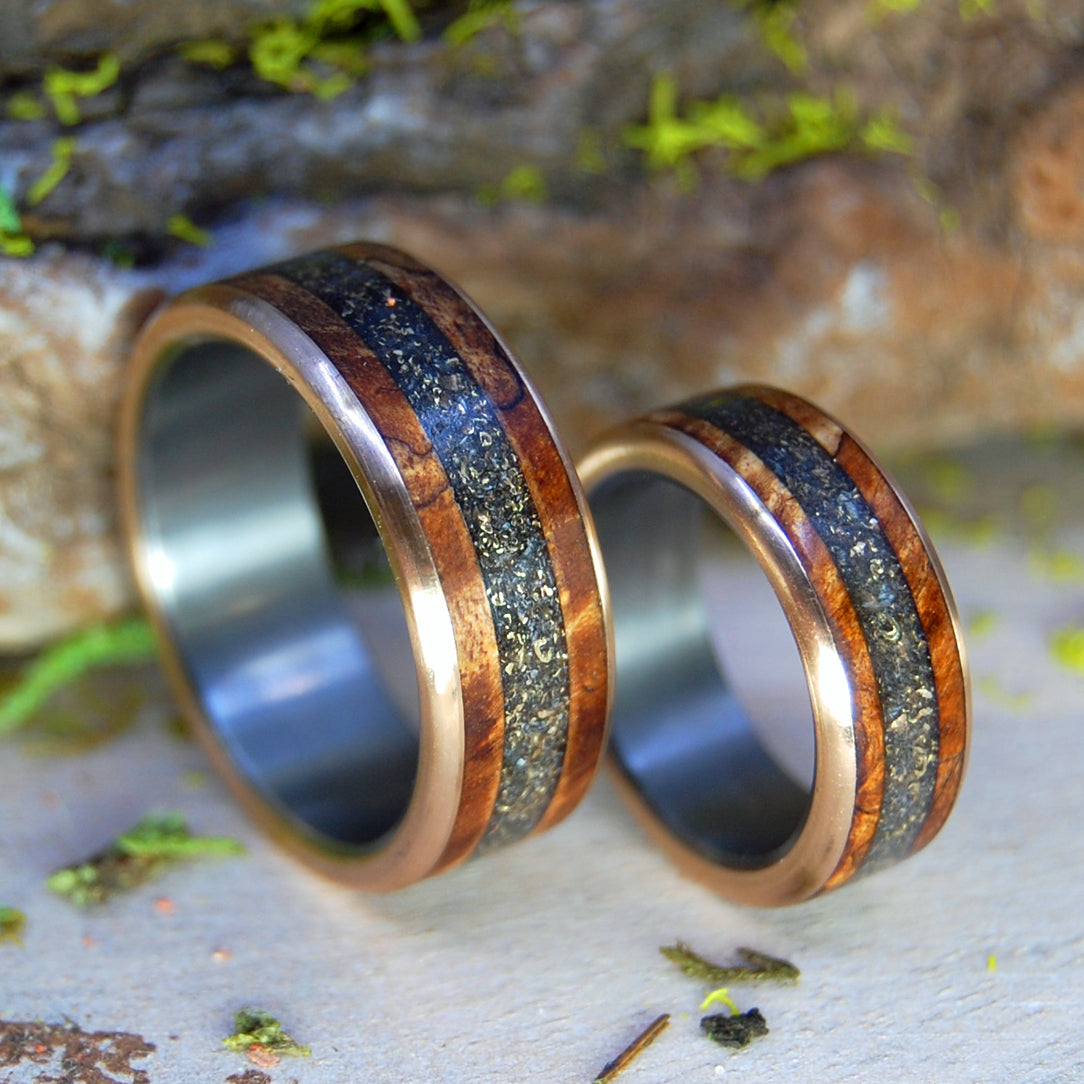 GOLDEN CARIBOU LOVE | Crushed Gold & Deer Antler with Spalted Maple Wood - Wedding Ring Set - Minter and Richter Designs