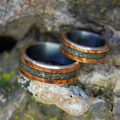 GOLDEN CARIBOU LOVE | Crushed Gold & Deer Antler with Spalted Maple Wood - Wedding Ring Set - Minter and Richter Designs