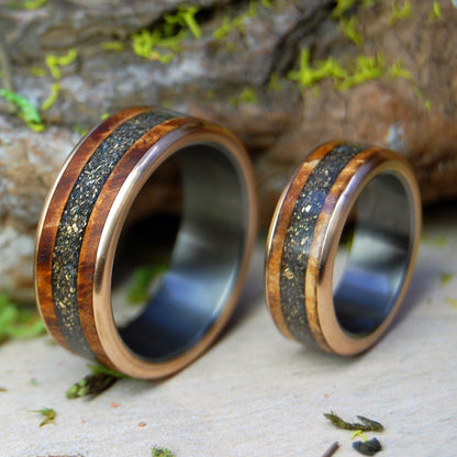 GOLDEN CARIBOU LOVE | Crushed Gold & Deer Antler with Spalted Maple Wood - Wedding Ring Set - Minter and Richter Designs