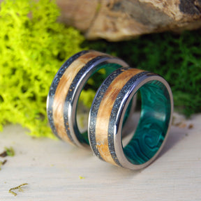 GOLDEN ICELAND | Lava, Malachite Stone & Golden Box Elder Wedding Rings