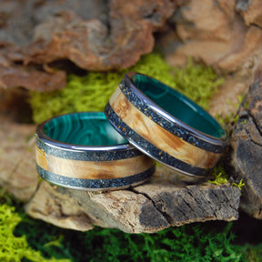 GOLDEN ICELAND | Lava, Malachite Stone & Golden Box Elder Wedding Rings