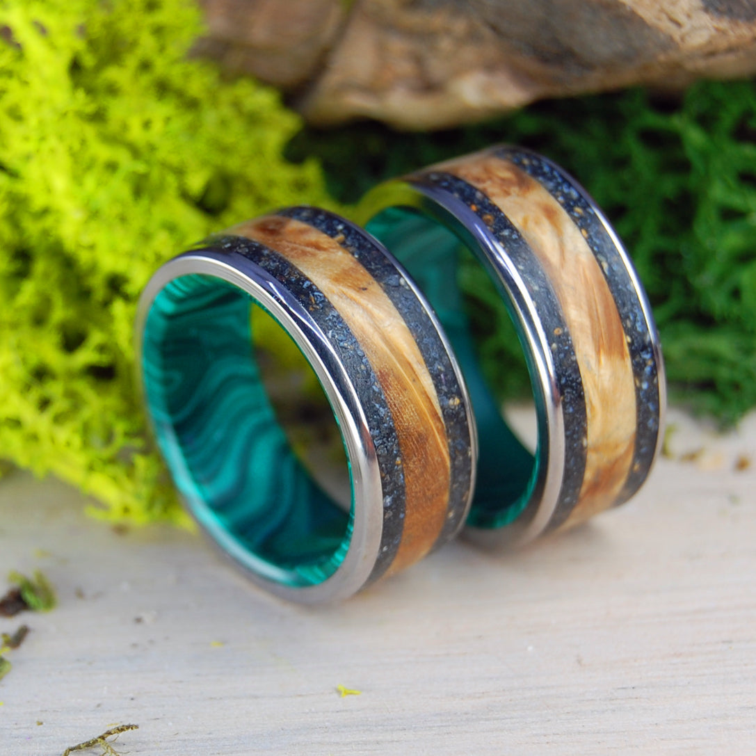 GOLDEN ICELAND | Lava, Malachite Stone & Golden Box Elder Wedding Rings