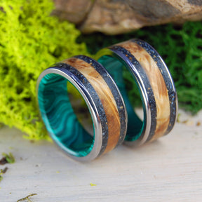 GOLDEN ICELAND | Lava, Malachite Stone & Golden Box Elder Wedding Rings