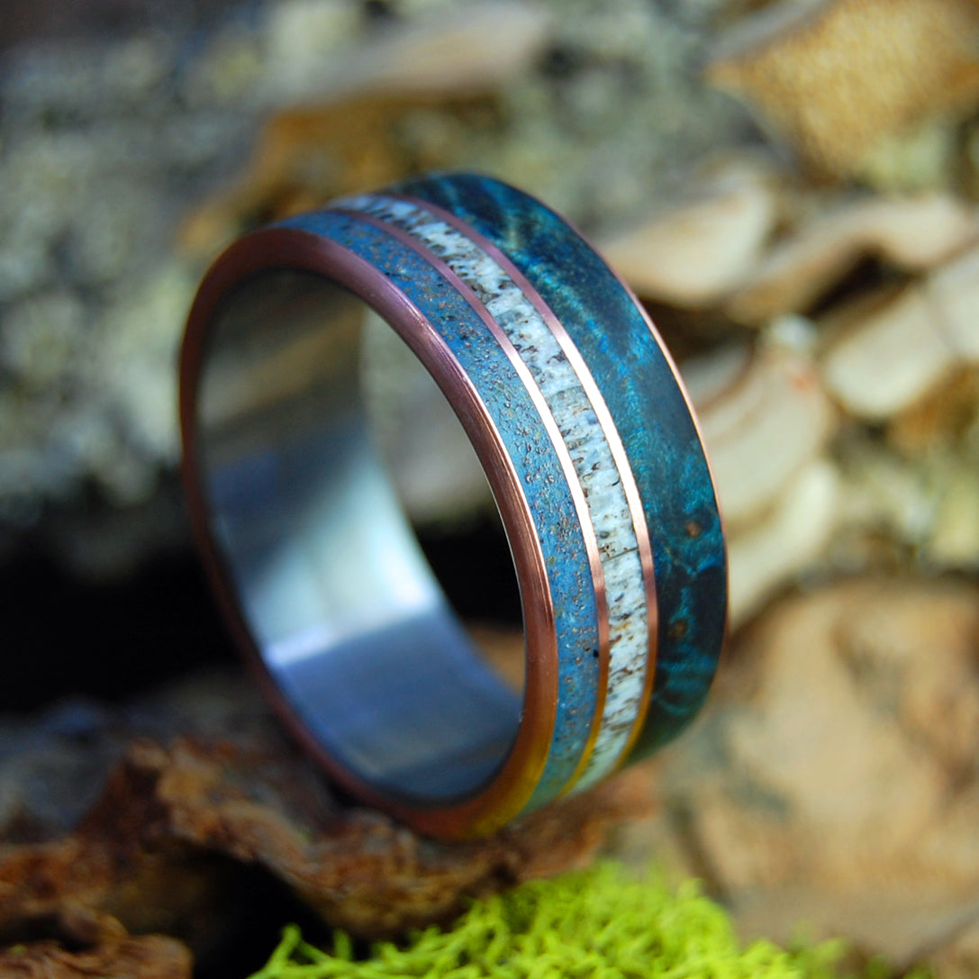 GOD LOVES THE CARIBOU | Blue Maple Wood,  Caribou Antler, Lake Superior Beach Sand and Copper - Titanium & Copper Wedding Rings - Minter and Richter Designs