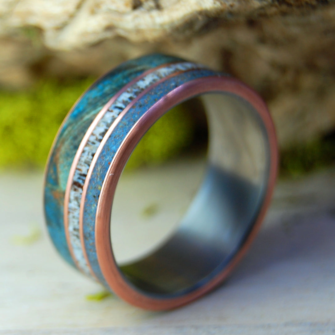 GOD LOVES THE CARIBOU | Blue Maple Wood,  Caribou Antler, Lake Superior Beach Sand and Copper - Titanium & Copper Wedding Rings - Minter and Richter Designs