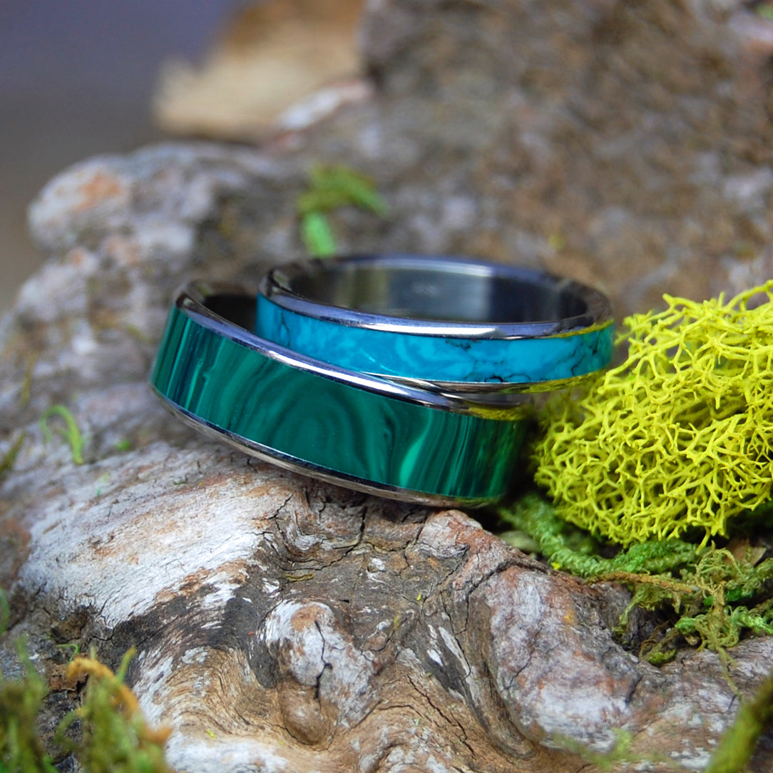 GOLDEN PROMISE / ONLY LIGHT CAN DRIVE OUT DARKNESS | Malachite &  Chrysocolla Wedding Band Set