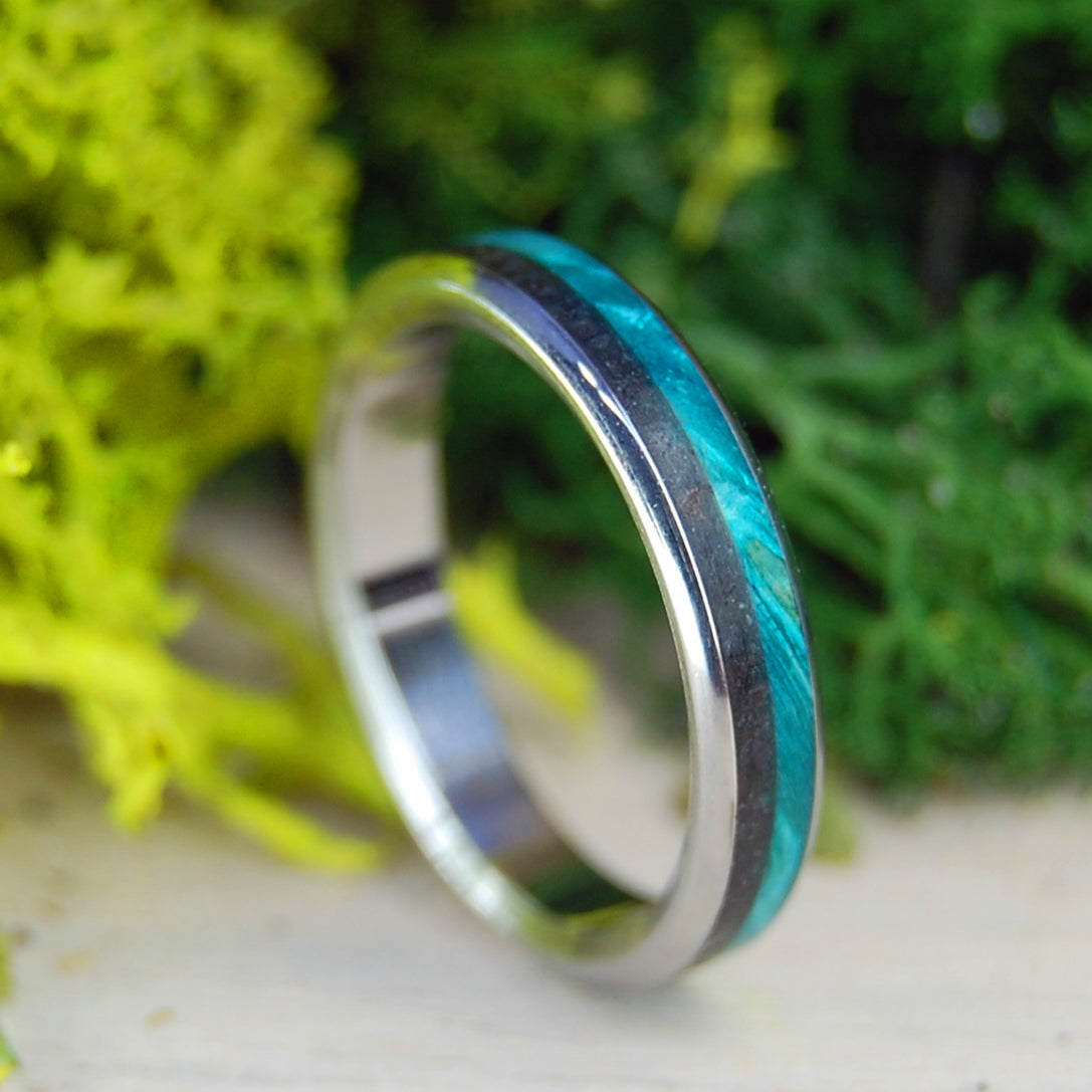 INOX LAVA TURQUOISE I | Wood and Icelandic Lava - Inox Steel Wedding Ring