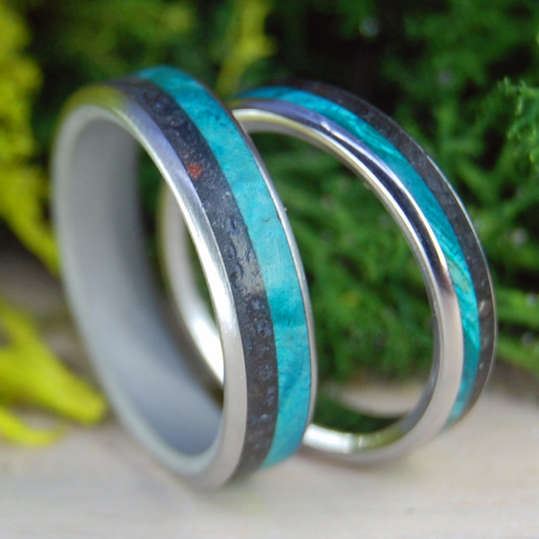 INOX LAVA TURQUOISE I & II |  Wood and Icelandic Lava - Inox Steel Wedding Rings