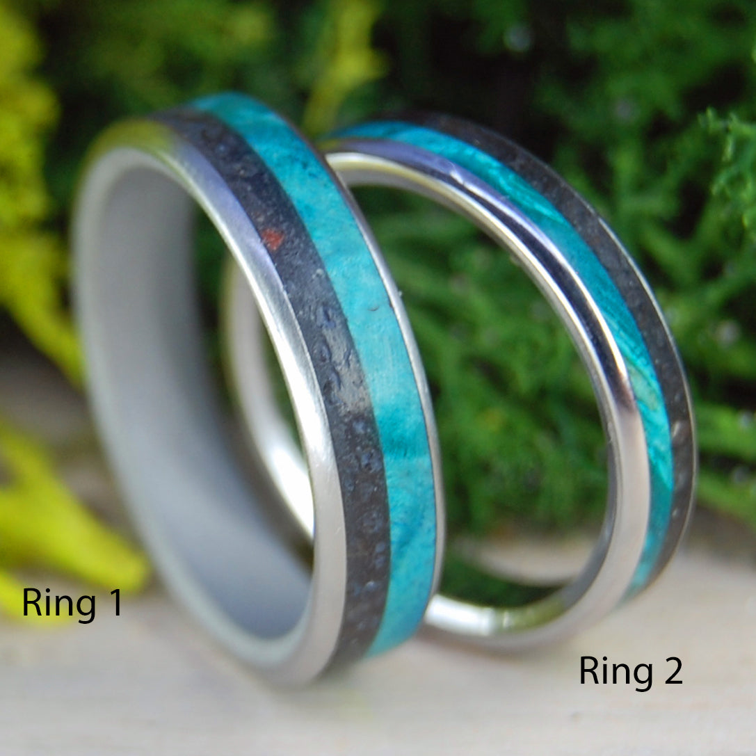 INOX LAVA TURQUOISE I & II |  Wood and Icelandic Lava - Inox Steel Wedding Rings