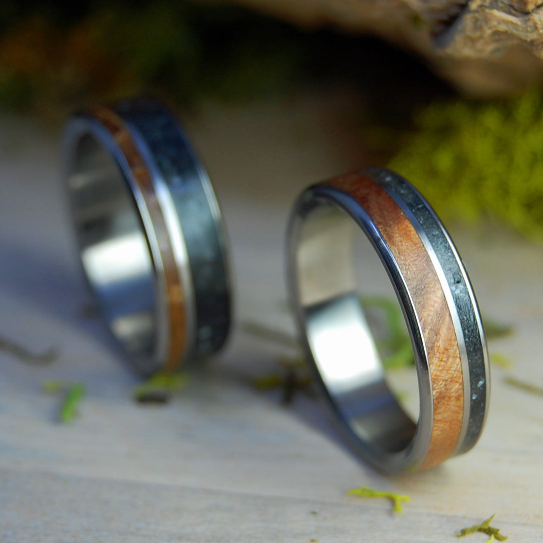 LAKE CHAMPLAIN LUCKY ROCKS AND WOOD | Lake Champlain Rock & Curly Maple Burl and Whiskey Barrel - Unique Wedding Rings - Minter and Richter Designs