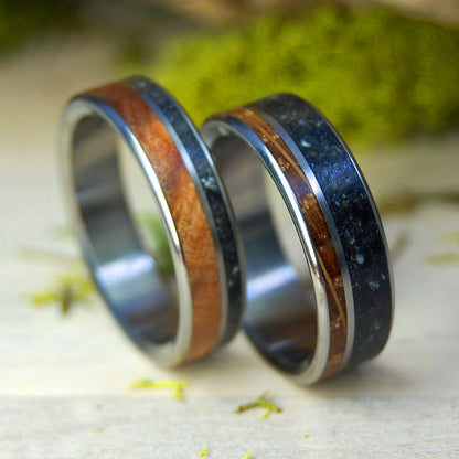 LAKE CHAMPLAIN LUCKY ROCKS AND WOOD | Lake Champlain Rock & Curly Maple Burl and Whiskey Barrel - Unique Wedding Rings - Minter and Richter Designs