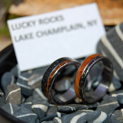 LAKE CHAMPLAIN LUCKY ROCKS AND WOOD | Lake Champlain Rock & Curly Maple Burl and Whiskey Barrel - Unique Wedding Rings - Minter and Richter Designs