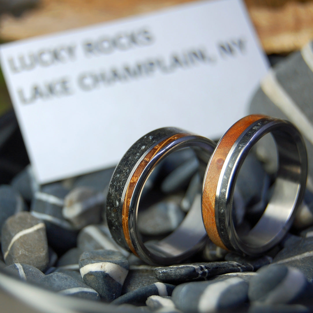 LAKE CHAMPLAIN LUCKY ROCKS AND WOOD | Lake Champlain Rock & Curly Maple Burl and Whiskey Barrel - Unique Wedding Rings - Minter and Richter Designs