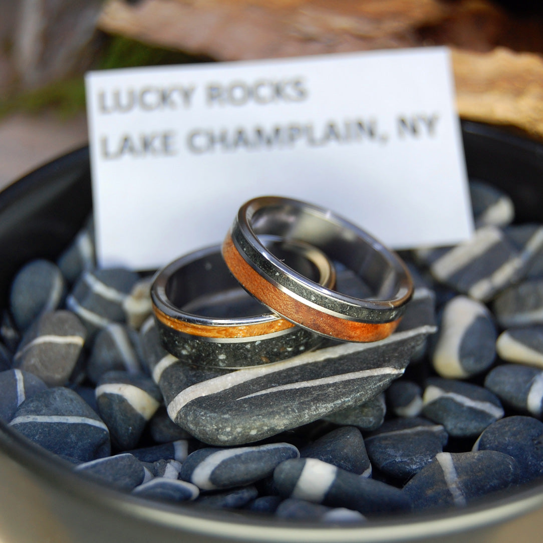 LAKE CHAMPLAIN LUCKY ROCKS AND WOOD | Lake Champlain Rock & Curly Maple Burl and Whiskey Barrel - Unique Wedding Rings - Minter and Richter Designs