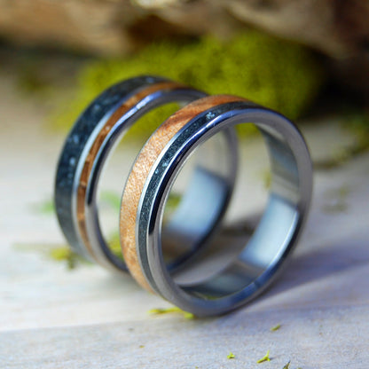 LAKE CHAMPLAIN LUCKY ROCKS AND WOOD | Lake Champlain Rock & Curly Maple Burl and Whiskey Barrel - Unique Wedding Rings - Minter and Richter Designs