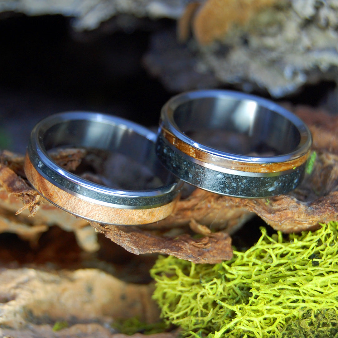 LAKE CHAMPLAIN LUCKY ROCKS AND WOOD | Lake Champlain Rock & Curly Maple Burl and Whiskey Barrel - Unique Wedding Rings - Minter and Richter Designs