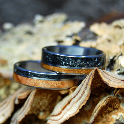 LAKE CHAMPLAIN LUCKY ROCKS AND WOOD | Lake Champlain Rock & Curly Maple Burl and Whiskey Barrel - Unique Wedding Rings - Minter and Richter Designs