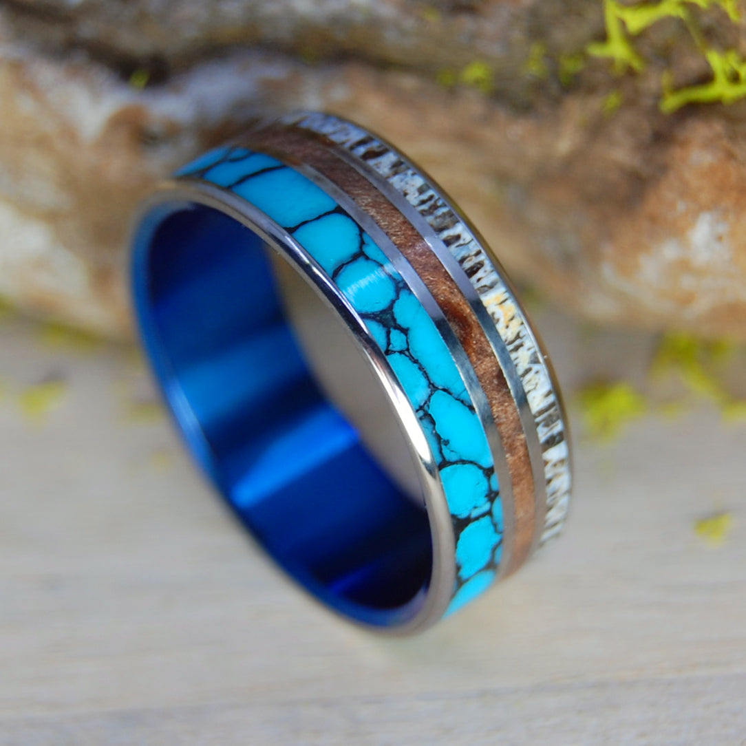 LAGRANGE POINTS | Redwood, Moose Antler & Turquoise - Titanium Wedding Ring - Minter and Richter Designs