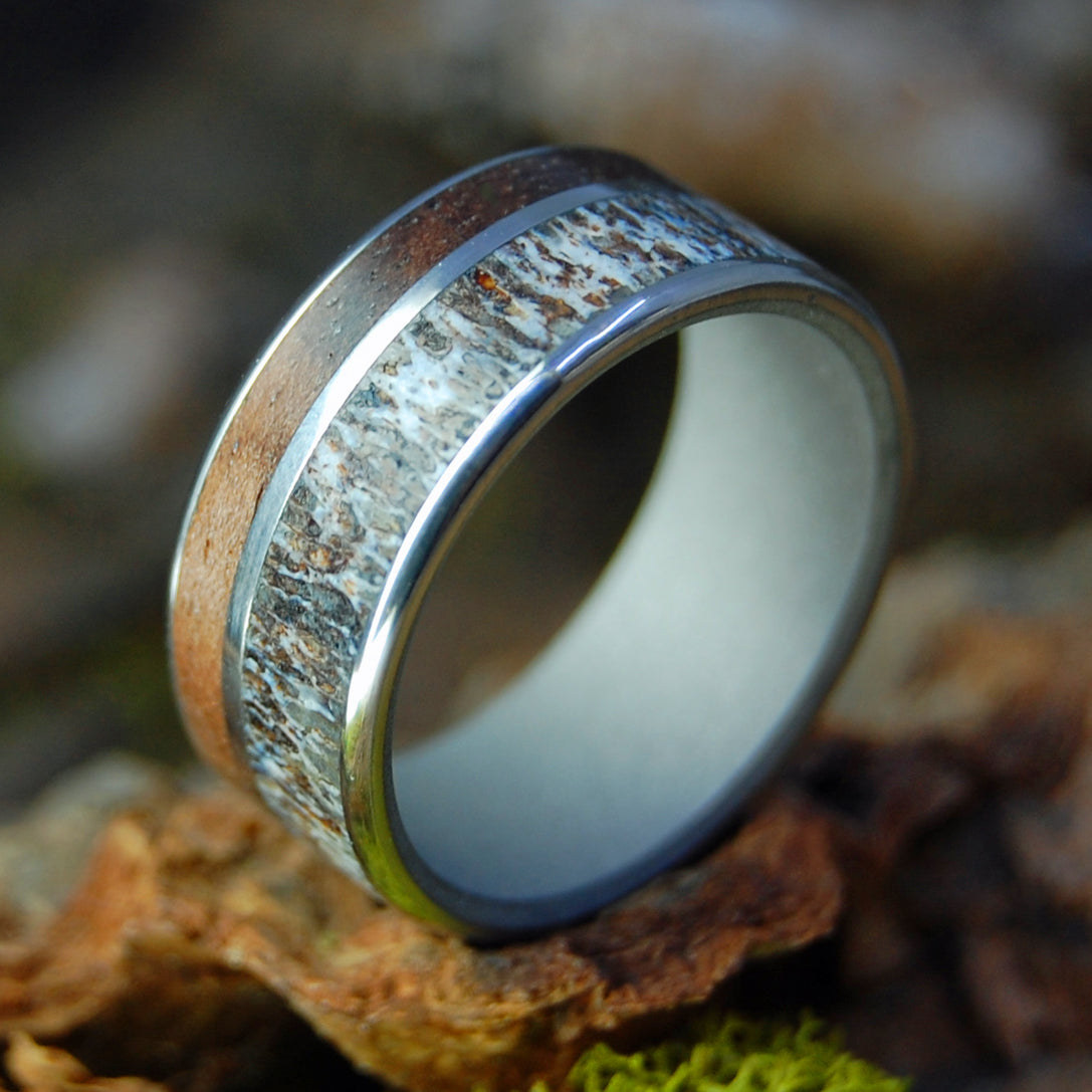 MOOSE IN A WALNUT FOREST | Moose Antler & Walnut Wood Titanium Mens Rings