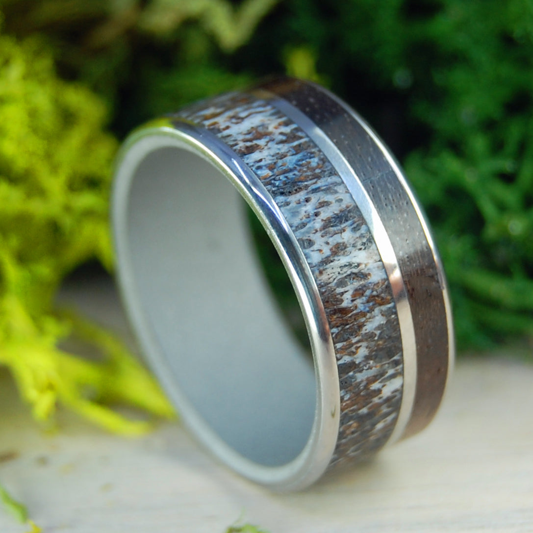 MOOSE IN A WALNUT FOREST | Moose Antler & Walnut Wood Titanium Mens Rings