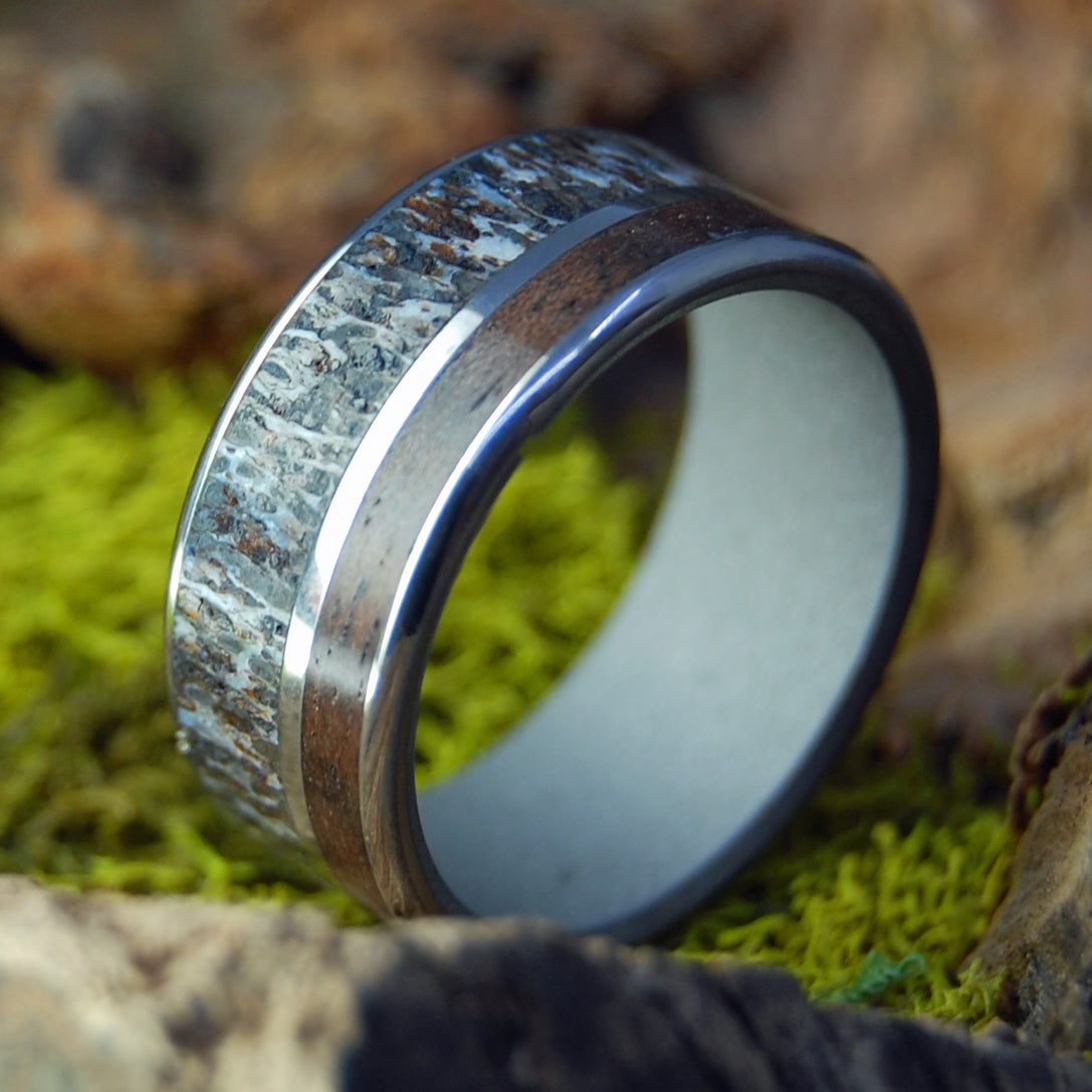 MOOSE IN A WALNUT FOREST | Moose Antler & Walnut Wood Titanium Mens Rings