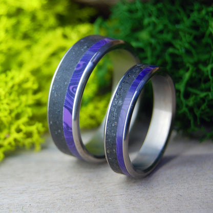 PURPLE KISS OF AURORA| Icelandic Volcanic Beach Sand and Lava - Unique Wedding Rings - Minter and Richter Designs