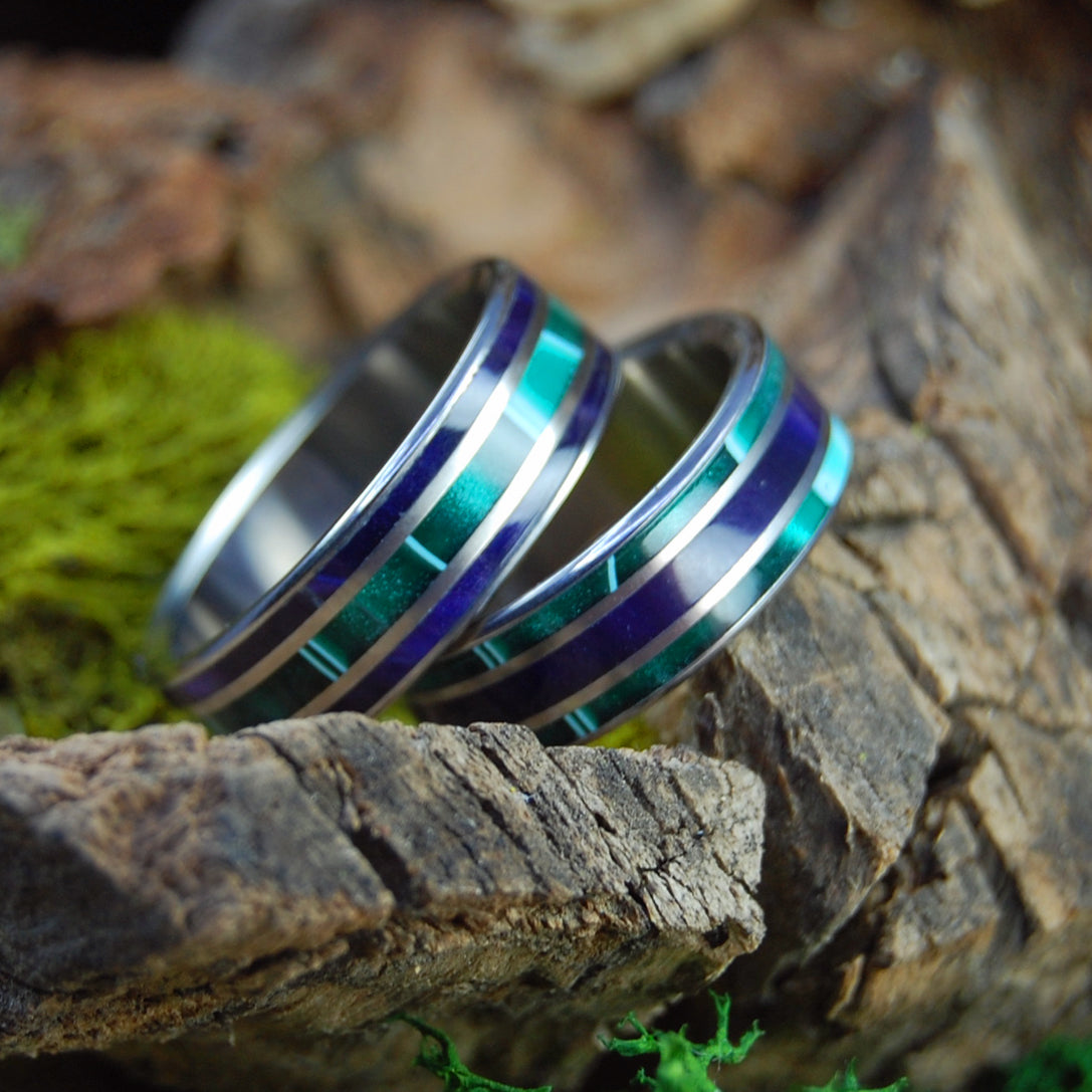 GREEN SHADOWS AND PURPLE PLEASURES | Aquatic Green and Purple Marbled Opalescent - Titanium Wedding Ring Set - Minter and Richter Designs