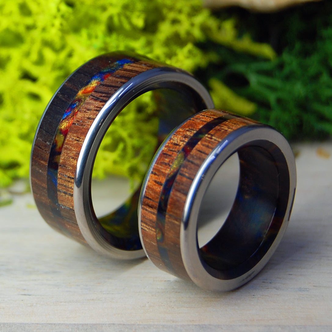 VEGAS LOVE | Lava Burst Resin Koa Wood - His & Hers Wedding Band Set - Wooden Wedding Rings - Minter and Richter Designs