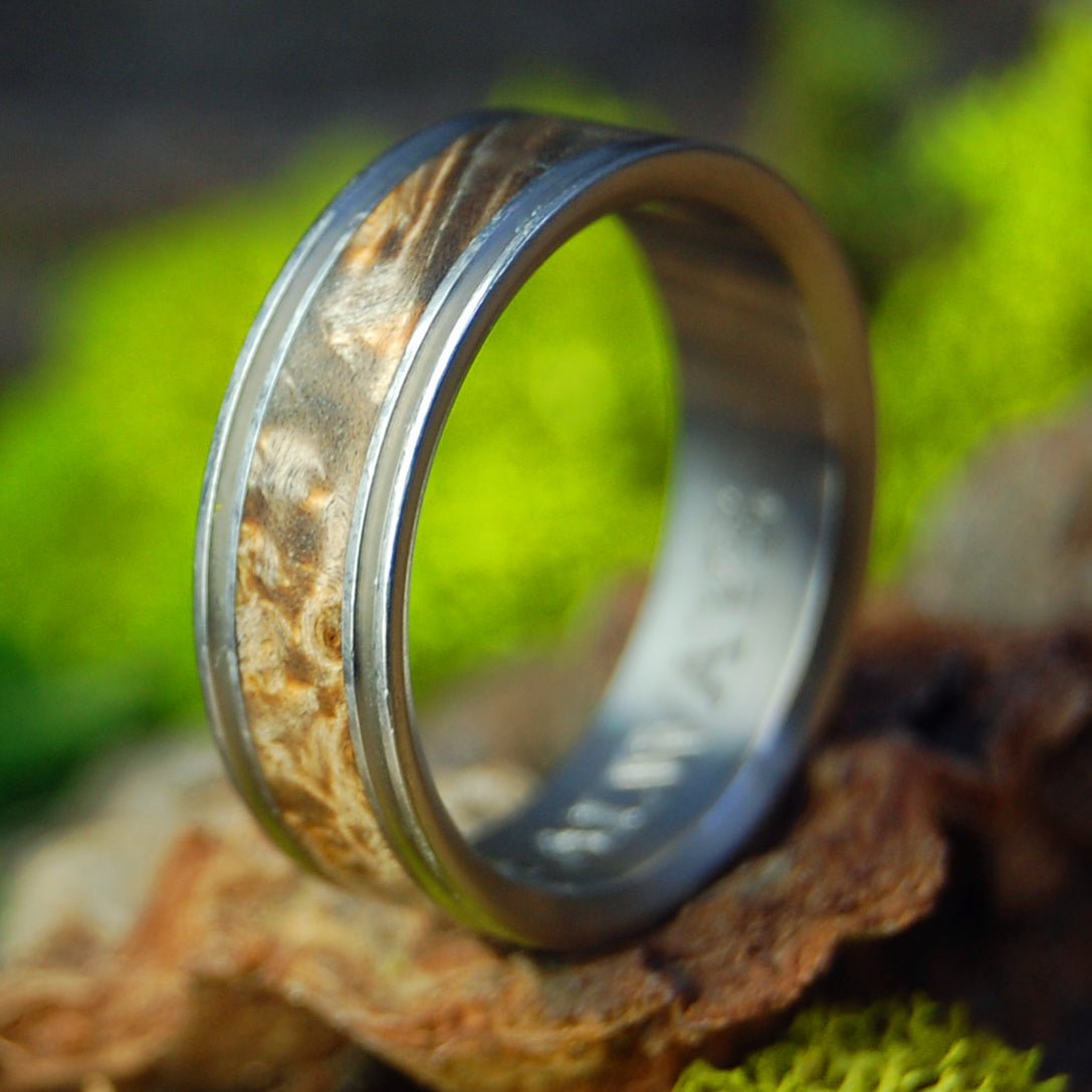 Alchemist Engraved | Size 10.75 At 7.9mm | Golden Box Elder Wood | Titanium Wedding Ring | On Sale - Minter and Richter Designs