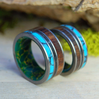 All Of Iceland In My Heart | Icelandic Lava Sand, Turquoise & Koa Wood - Titanium Wedding Ring Set - Minter and Richter Designs