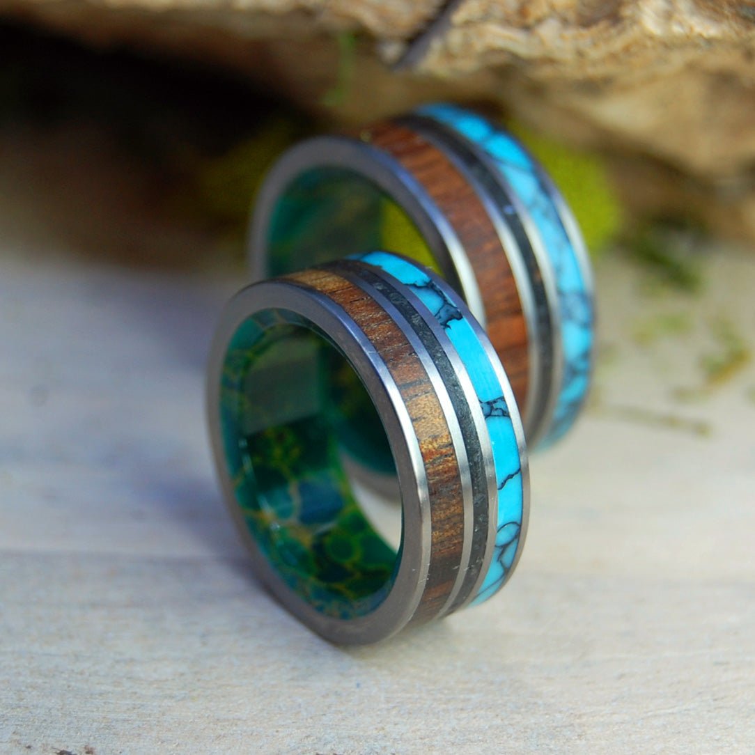 All Of Iceland In My Heart | Icelandic Lava Sand, Turquoise & Koa Wood - Titanium Wedding Ring Set - Minter and Richter Designs