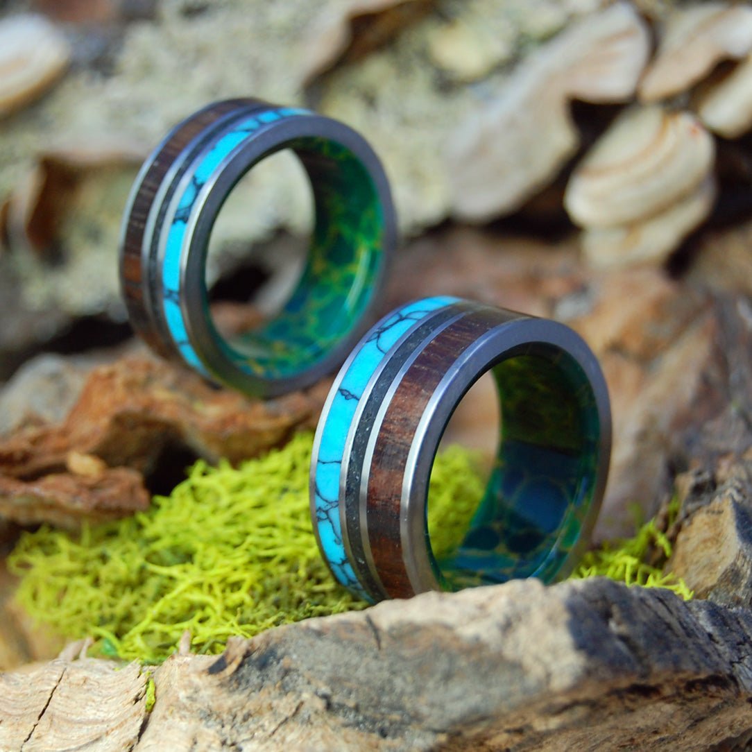 All Of Iceland In My Heart | Icelandic Lava Sand, Turquoise & Koa Wood - Titanium Wedding Ring Set - Minter and Richter Designs