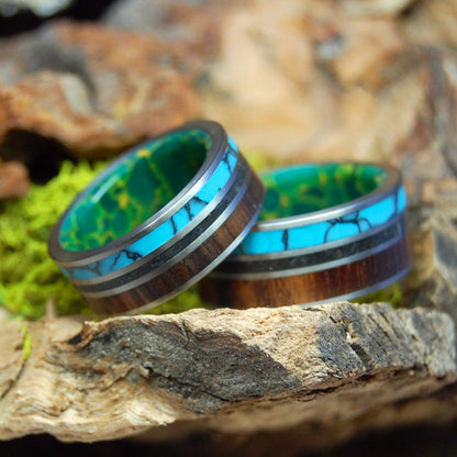 All Of Iceland In My Heart | Icelandic Lava Sand, Turquoise & Koa Wood - Titanium Wedding Ring Set - Minter and Richter Designs