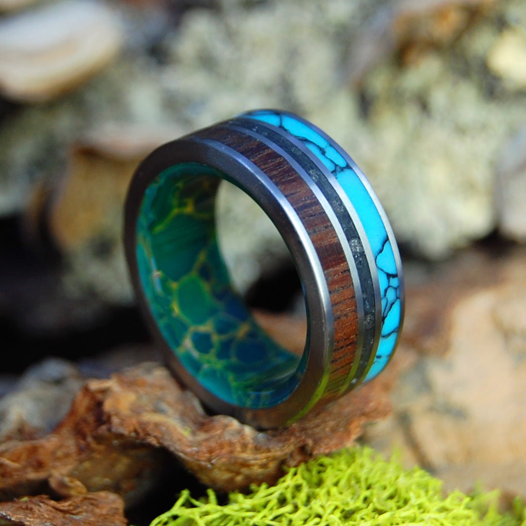 All Of Iceland In My Heart | Men's Icelandic Lava Sand, Turquoise, Koa Wood & Titanium Wedding Ring - Minter and Richter Designs