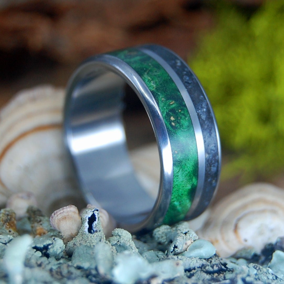 Alligator Green | Men's Alligator Teeth, Green Box Elder Wood & Titanium Wedding Ring - Minter and Richter Designs