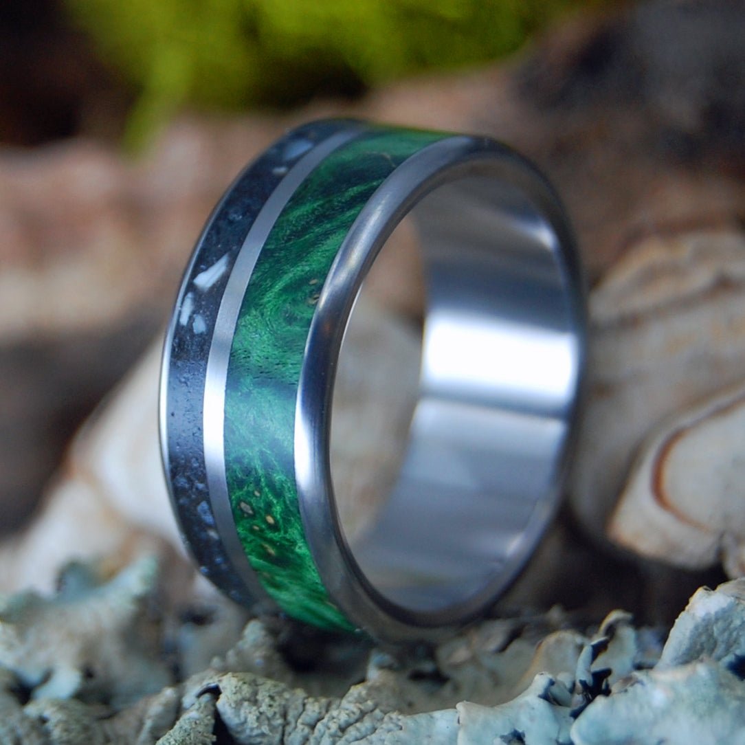 Alligator Green | Men's Alligator Teeth, Green Box Elder Wood & Titanium Wedding Ring - Minter and Richter Designs