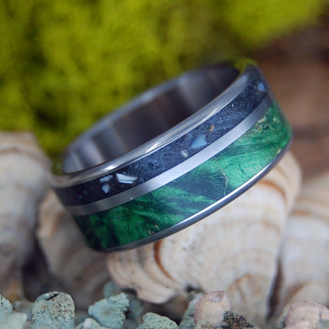 Alligator Green | Men's Alligator Teeth, Green Box Elder Wood & Titanium Wedding Ring - Minter and Richter Designs